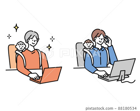 育兒和工作的插圖（平衡、遠程辦公、假期、商務、育兒、背負式騎行、一起工作） 88180534