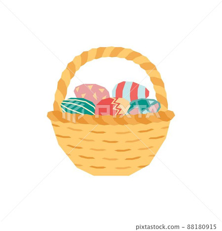 A wicker basket with colorful Easter eggs. Handmade holiday basket. Vector illustration in a flat style. 88180915