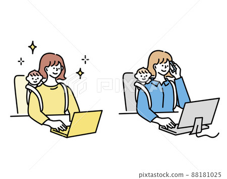 Illustrations of childcare and work (balance, telework, holidays, business, childcare, piggyback ride, working together) Illustrations of childcare and work (balance, telework, holidays, business, childcare, piggyback ride, working together) 88181025