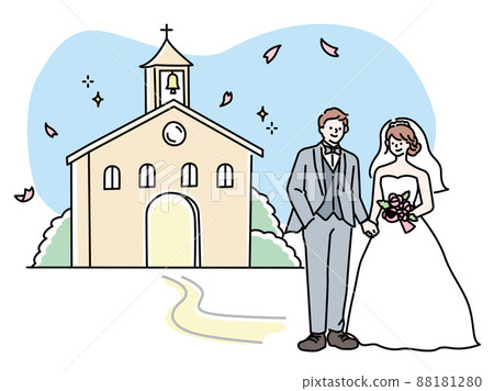 婚禮插圖（婚姻、婚禮、招待會、禮服、花束、幸福、情侶、教堂） 88181280