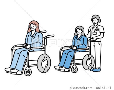 Illustration of a person in a wheelchair (woman, injury, illness, outpatient, fracture, caregiving, hospitalization, rehabilitation) 88181281