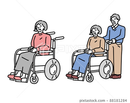 Illustration of a person in a wheelchair (woman, injury, illness, outpatient, fracture, caregiving, hospitalization, rehabilitation) 88181284