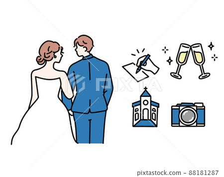 Wedding illustrations (marriage, wedding, reception, dress, bouquet, happiness, couple, chapel) 88181287