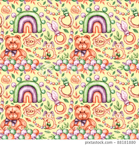 Watercolor pattern for children with a bear, rainbow 88181880