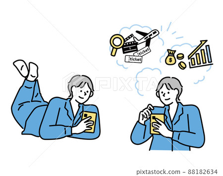 Illustration of a man holding a smartphone (smartphone, SNS, cashless, relaxing, playing with mobile phones) 88182634