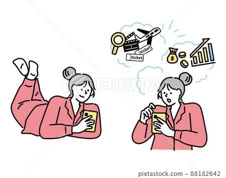 Illustration of a woman holding a smartphone (smartphone, SNS, cashless, relaxing, playing with mobile phones) Illustration of a woman holding a smartphone (smartphone, SNS, cashless, relaxing, playing with mobile phones) 88182642