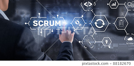 SCRUM. Hand presses the inscription scrum on a virtual panel. Agile development methodology 88182670