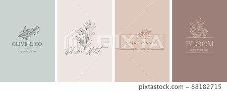 Elegant, botanique logo collection, hand drawn illustrations of flowers, leaves and twig, delicate 88182715