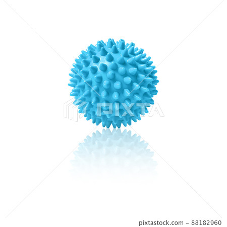 Blue plastic spiny massage ball isolated on white. Concept of physiotherapy or fitness. Closeup of a colorful rubber ball for dog teeth on a white color background. Corona virus model. 88182960