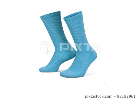 Pair of blue cotton socks isolated on white. Set of short socks for sports as mock up and label for advertising, logo, branding. 88182961