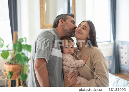 Portrait of happy mid adult Caucasian family with little child Portrait of happy mid adult Caucasian family with little child 88183093