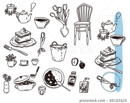 Black and white, monotone, line drawing illustrations (handwriting, fashion, fashion, curry, typewriter, cake) 88183820