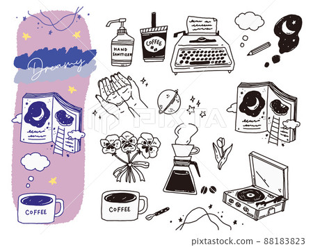 Black and white, monotone, line drawing illustrations (handwriting, fashion, fashion, space, typewriter, coffee) Black and white, monotone, line drawing illustrations (handwriting, fashion, fashion, space, typewriter, coffee) 88183823