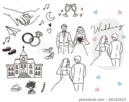 Black and white, monotone, line art illustrations (wedding, couples, couples, invitations, welcome boards, rings, new life) 88183824