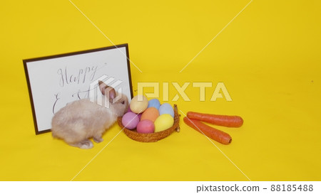 A beige rabbit jumps on a yellow background and sniffs carrots. Next to it is a basket with colorful eggs and a frame with the inscription Happy Easter. Easter. A beige rabbit jumps on a yellow background and sniffs carrots. Next to it is a basket with colorful eggs and a frame with the inscription Happy Easter. Easter. 88185488