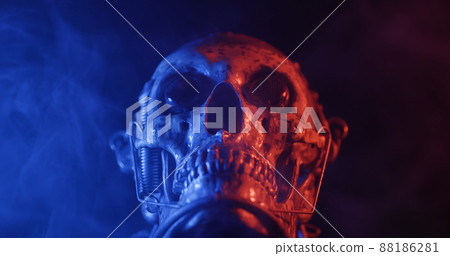 Robotic skull with blue and red lights and smoke 88186281