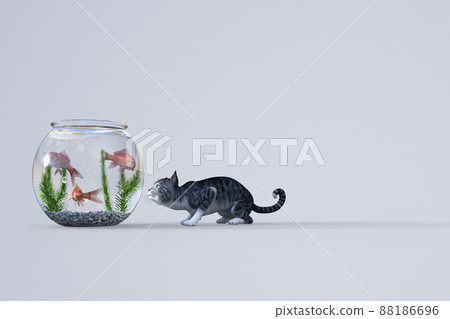 A Sabatra cat staring at three goldfish swimming in a fishbowl 88186696