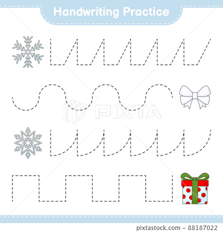 Handwriting practice. Tracing lines of Ribbon, Snowflake, and Gift Box. Educational children game, printable worksheet, vector illustration 88187022
