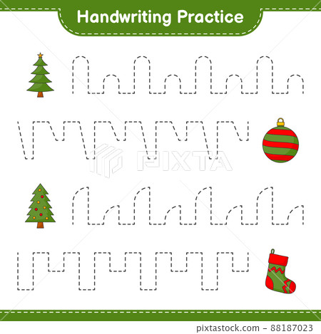 Handwriting practice. Tracing lines of Tree, Christmas Ball, and Christmas Sock. Educational children game, printable worksheet, vector illustration 88187023