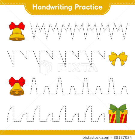 Handwriting practice. Tracing lines of Christmas Bell, Ribbon, and Gift Box. Educational children game, printable worksheet, vector illustration Handwriting practice. Tracing lines of Christmas Bell, Ribbon, and Gift Box. Educational children game, printable worksheet, vector illustration 88187024
