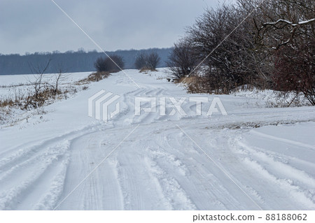 Snowy road in a field leading to pine forest. Winter road to nowhere in sunny day, snow-covered fresh car track. Car traces in a deep snow of remote rural area 88188062