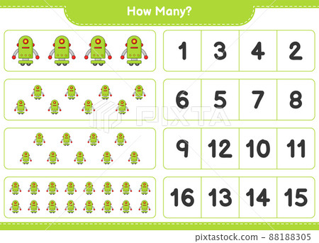 Counting game, how many Robot Character. Educational children game, printable worksheet, vector illustration Counting game, how many Robot Character. Educational children game, printable worksheet, vector illustration 88188305