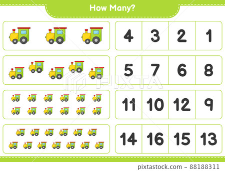 Counting game, how many Train. Educational children game, printable worksheet, vector illustration Counting game, how many Train. Educational children game, printable worksheet, vector illustration 88188311