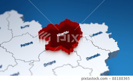 Stylish 3D map of Ukraine with Kharkiv region at focus highlighted in red 88188365