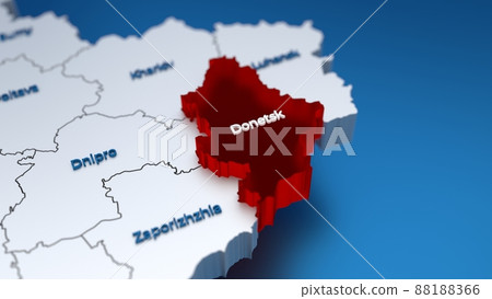 Stylish 3D map of Ukraine with Donetsk region at focus highlighted in red 88188366