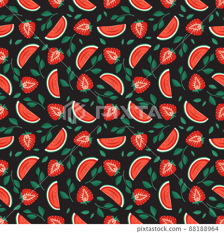 Seamless pattern with red strawberries, watermelon and leaves. Cute summer or spring print with berries on dark background. Festive decoration for textiles, wrapping paper. Vector flat illustration Seamless pattern with red strawberries, watermelon and leaves. Cute summer or spring print with berries on dark background. Festive decoration for textiles, wrapping paper. Vector flat illustration 88188964