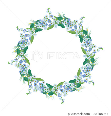 Round wreath of small blue forget me not flowers. Frame with spring blooming composition with buds and leaves. Festive decoration for wedding, holiday, postcard and design. Vector flat illustration 88188965