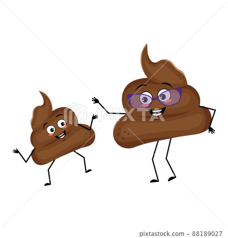 Cute shit characters with happy emotions and smile face. Funny grandmother with glasses and dancing grandson with arms and legs. The joyful turd with eyes. Vector illustration Cute shit characters with happy emotions and smile face. Funny grandmother with glasses and dancing grandson with arms and legs. The joyful turd with eyes. Vector illustration 88189027