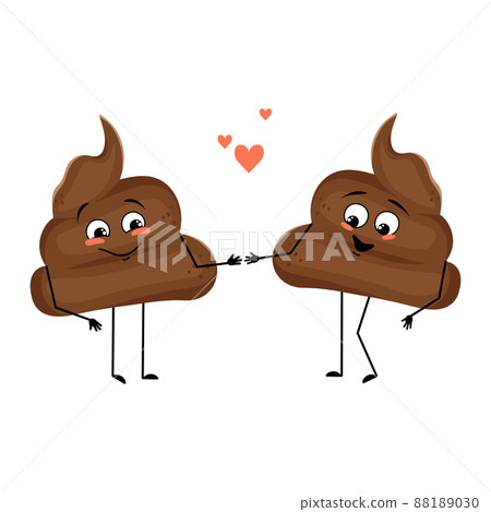 Cute shit character with love emotions, smile face, arms and legs. The funny or happy heroes with hearts, turd fall in love. Vector flat illustration 88189030