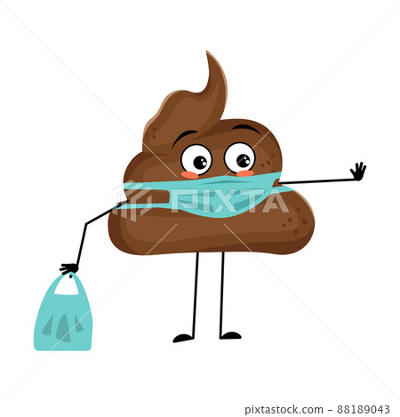 Cute shit character with emotions, face and mask keep distance, hands with shopping bag and stop gesture. A sad hero, a turd with eyes. Vector flat illustration Cute shit character with emotions, face and mask keep distance, hands with shopping bag and stop gesture. A sad hero, a turd with eyes. Vector flat illustration 88189043