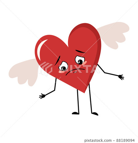 Cute character red heart with wings and sad emotions, depressed face, down eyes, arms and legs. Festive decoration for valentine day 88189094