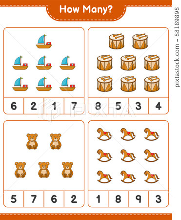 Counting game, how many Boat, Drum, Teddy Bear, and Rocking Horse. Educational children game, printable worksheet, vector illustration 88189898