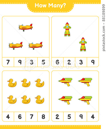 Counting game, how many Plane, Rocket, Rubber Duck, and Water Gun. Educational children game, printable worksheet, vector illustration 88189899