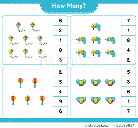 Counting game, how many Kite, Water Gun, Baby Rattle, and Pacifier. Educational children game, printable worksheet, vector illustration 88189934