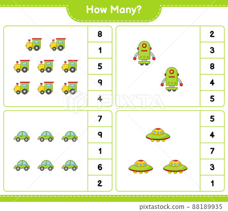 Counting game, how many Train, Robot Character, Car, and Ufo. Educational children game, printable worksheet, vector illustration 88189935