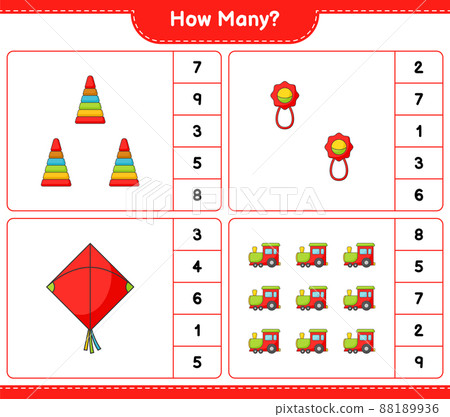 Counting game, how many Pyramid Toy, Baby Rattle, Kite, and Train. Educational children game, printable worksheet, vector illustration 88189936