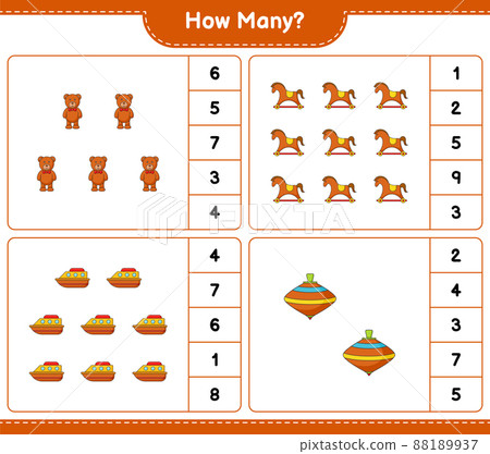 Counting game, how many Teddy Bear, Rocking Horse, Boat, and Whirligig Toy. Educational children game, printable worksheet, vector illustration 88189937