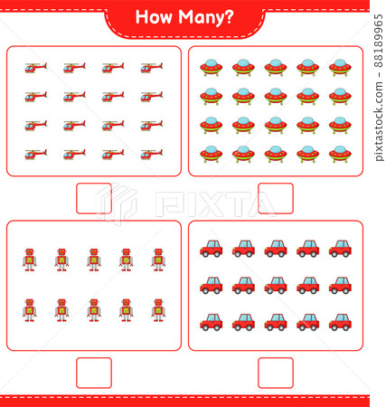 Counting game, how many Helicopter, Ufo, Robot, and Car. Educational children game, printable worksheet, vector illustration Counting game, how many Helicopter, Ufo, Robot, and Car. Educational children game, printable worksheet, vector illustration 88189965