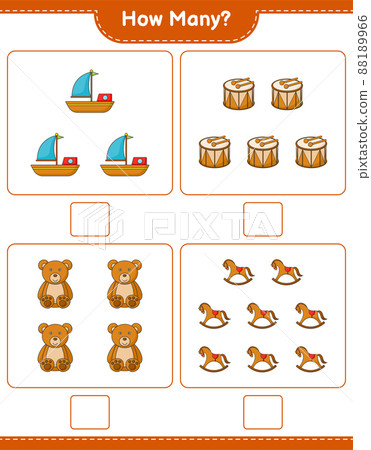 Counting game, how many Boat, Drum, Teddy Bear, and Rocking Horse. Educational children game, printable worksheet, vector illustration Counting game, how many Boat, Drum, Teddy Bear, and Rocking Horse. Educational children game, printable worksheet, vector illustration 88189966