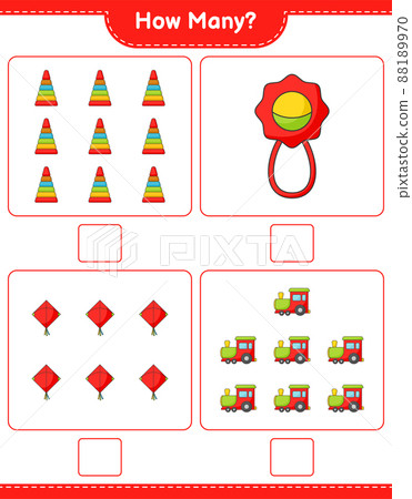 Counting game, how many Pyramid Toy, Baby Rattle, Kite, and Train. Educational children game, printable worksheet, vector illustration 88189970