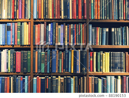 English textbooks on bookshelf Library education background 88190153