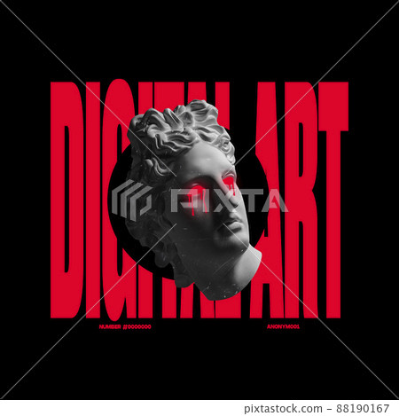 Contemporary art collage. Antique statue bust with red tears and giant lettering isolated over black background Contemporary art collage. Antique statue bust with red tears and giant lettering isolated over black background 88190167