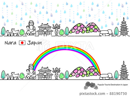 雨季奈良旅遊景點城市景觀的簡單手繪線畫集 88190730