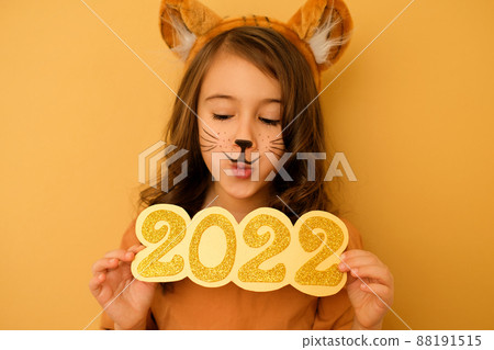 A girl with ears and tiger whiskers painted on face looks down in surprise at the numbers of 2022. The enthusiastic expression on the female face. In anticipation of the New Year A girl with ears and tiger whiskers painted on face looks down in surprise at the numbers of 2022. The enthusiastic expression on the female face. In anticipation of the New Year 88191515