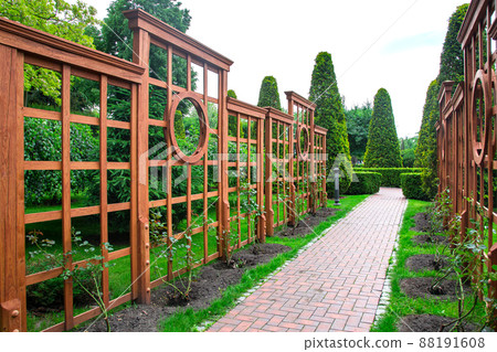 Vertical pergola made of brown wood in a roses garden with a stone brick tile pathway and ground lantern in the backyard in a park with thuja bushes and a green lawn on a spring day, nobody. Vertical pergola made of brown wood in a roses garden with a stone brick tile pathway and ground lantern in the backyard in a park with thuja bushes and a green lawn on a spring day, nobody. 88191608