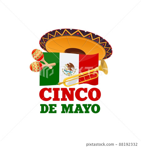 Cinco de Mayo holiday music and sombrero hat cartoon vector design. Mexican fiesta party mariachi musician maracas, trumpet and flag of Mexico with eagle, snake and cactus coat of arms, greeting card Cinco de Mayo holiday music and sombrero hat cartoon vector design. Mexican fiesta party mariachi musician maracas, trumpet and flag of Mexico with eagle, snake and cactus coat of arms, greeting card 88192332
